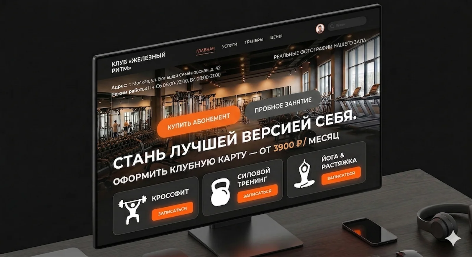 Fitness club website home page structure: first screen, directions, prices, schedule