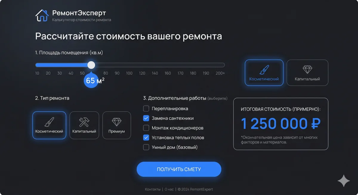 Renovation cost calculator mockup: area slider, renovation type selector, total cost
