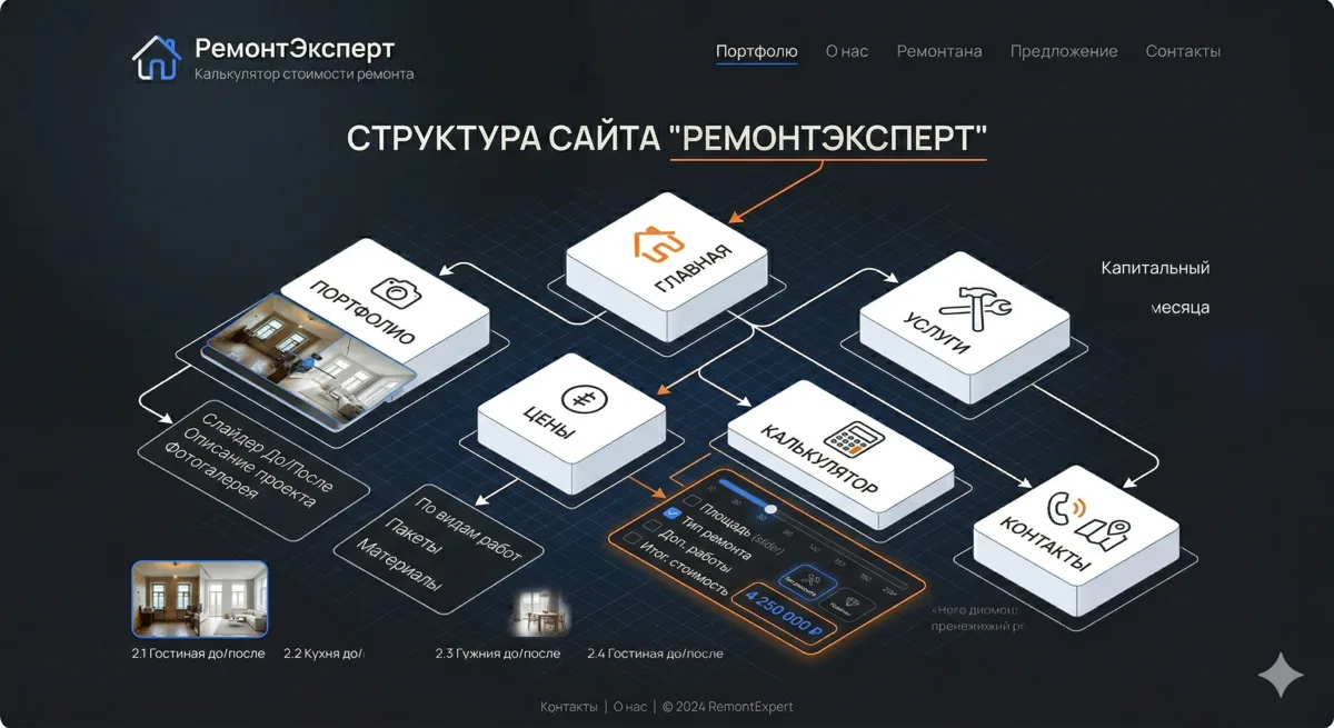 Renovation company website structure: home, portfolio, prices, services, calculator, contacts