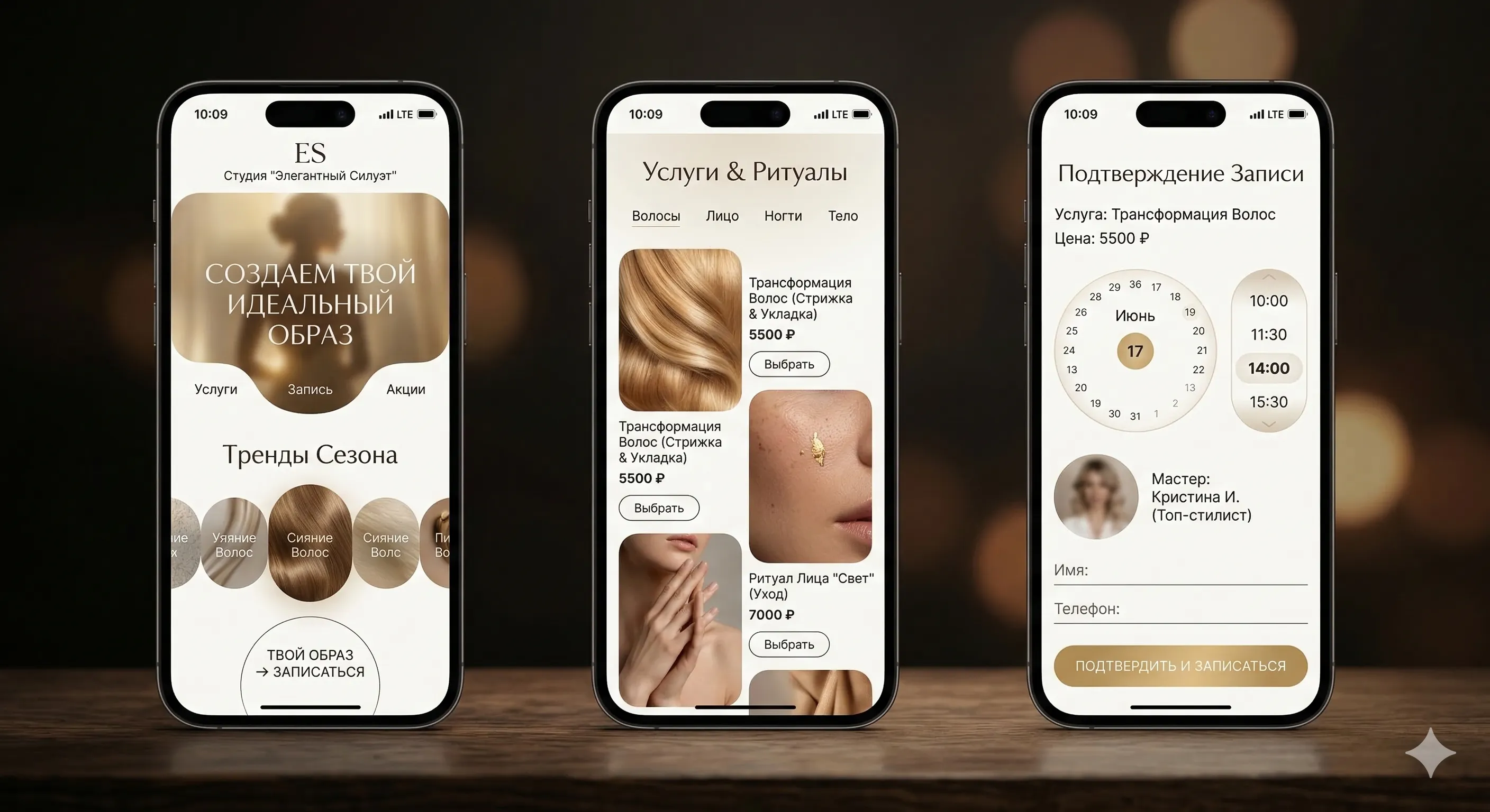 Beauty salon mobile website — three screens