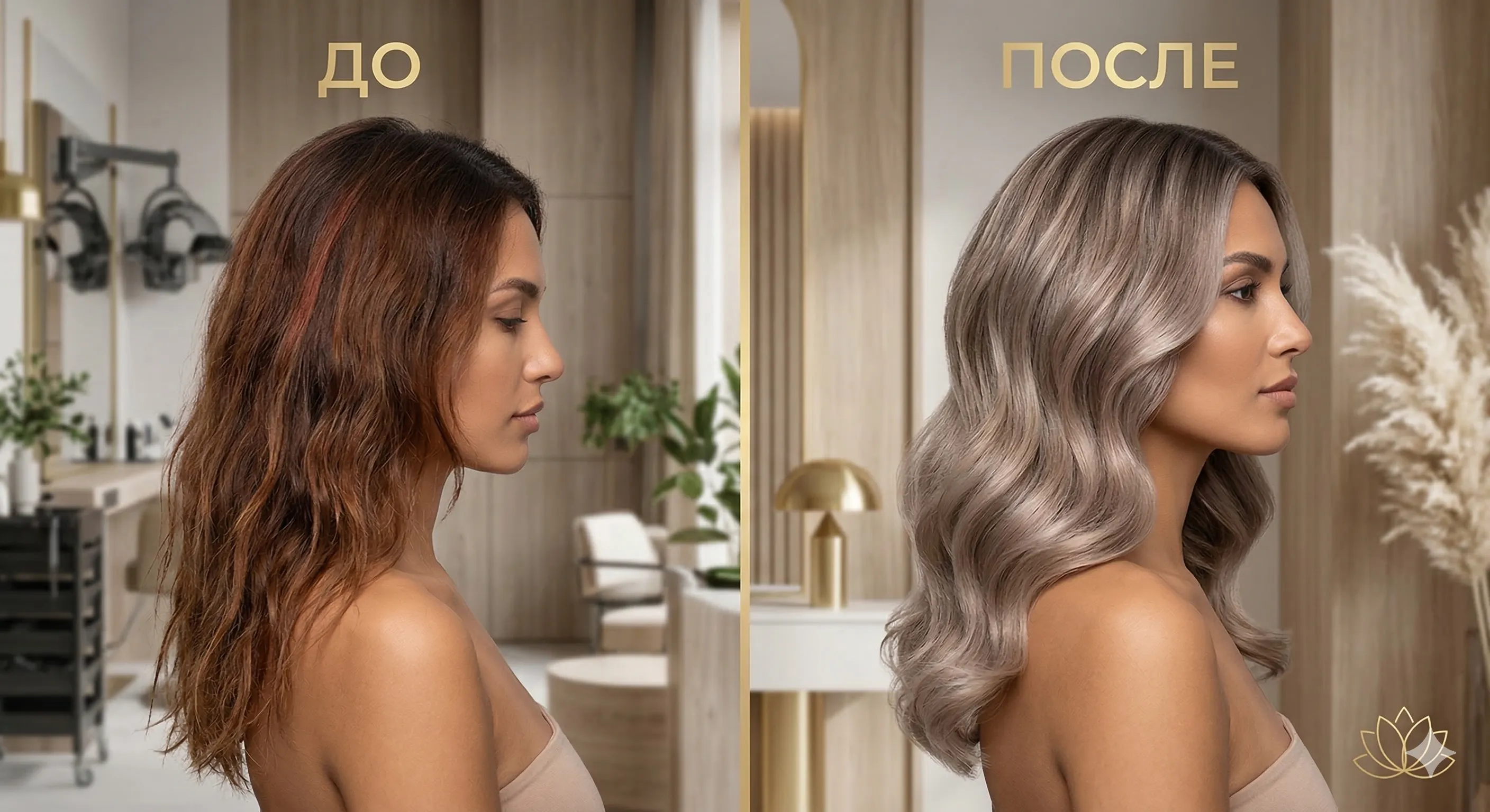 Beauty salon portfolio page mockup with before/after slider